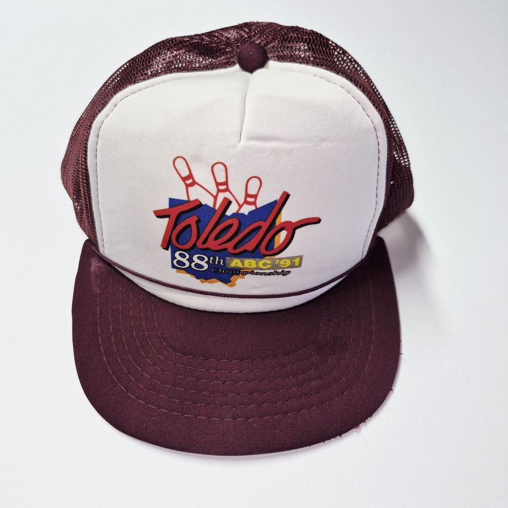 VTG 1991 Toledo 88th ABC Bowling Championship Trucker Hat Maroon White Snapback